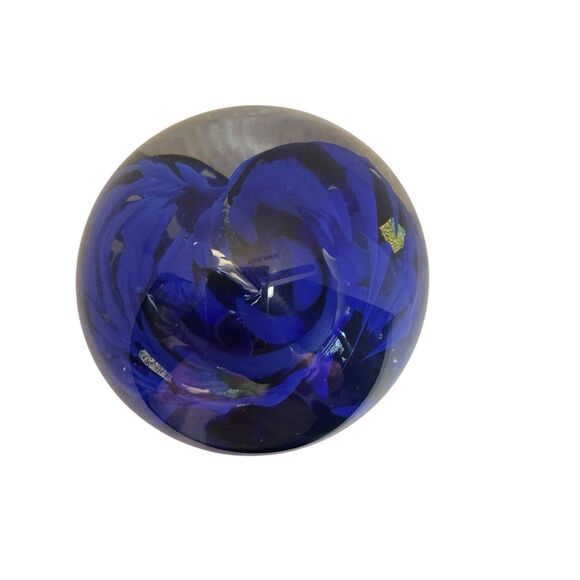 Cobalt Blue Striped Swirl Gold Flaked Glass Paperweight Bubbles - Artist Signed - Picture 9 of 14